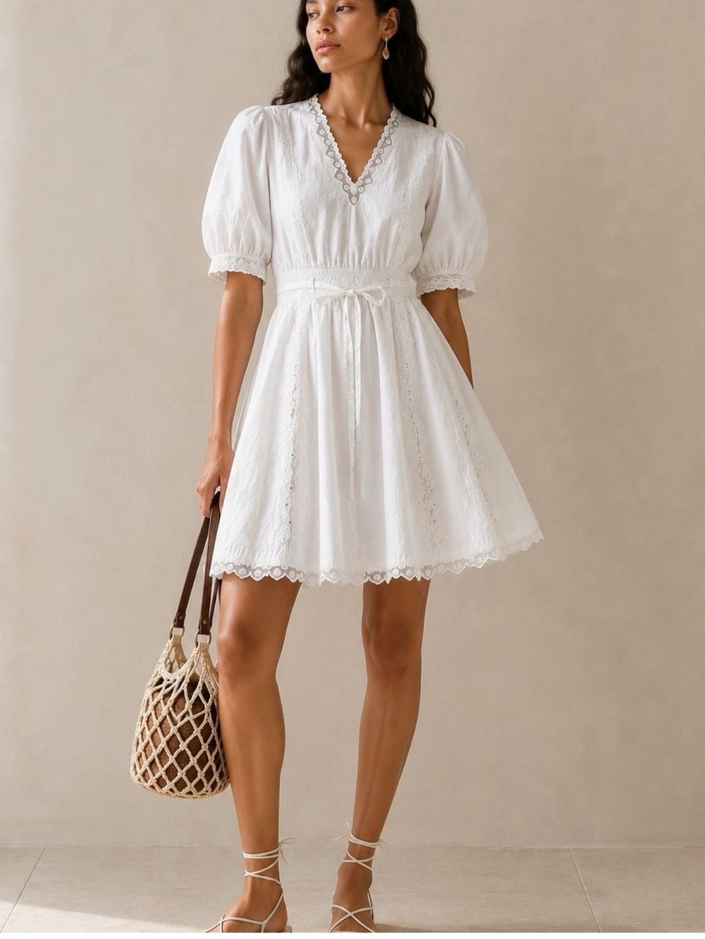 NWT Size 6 Ulla Johnson White V-Neck Embroidered Cotton Tunic Dress